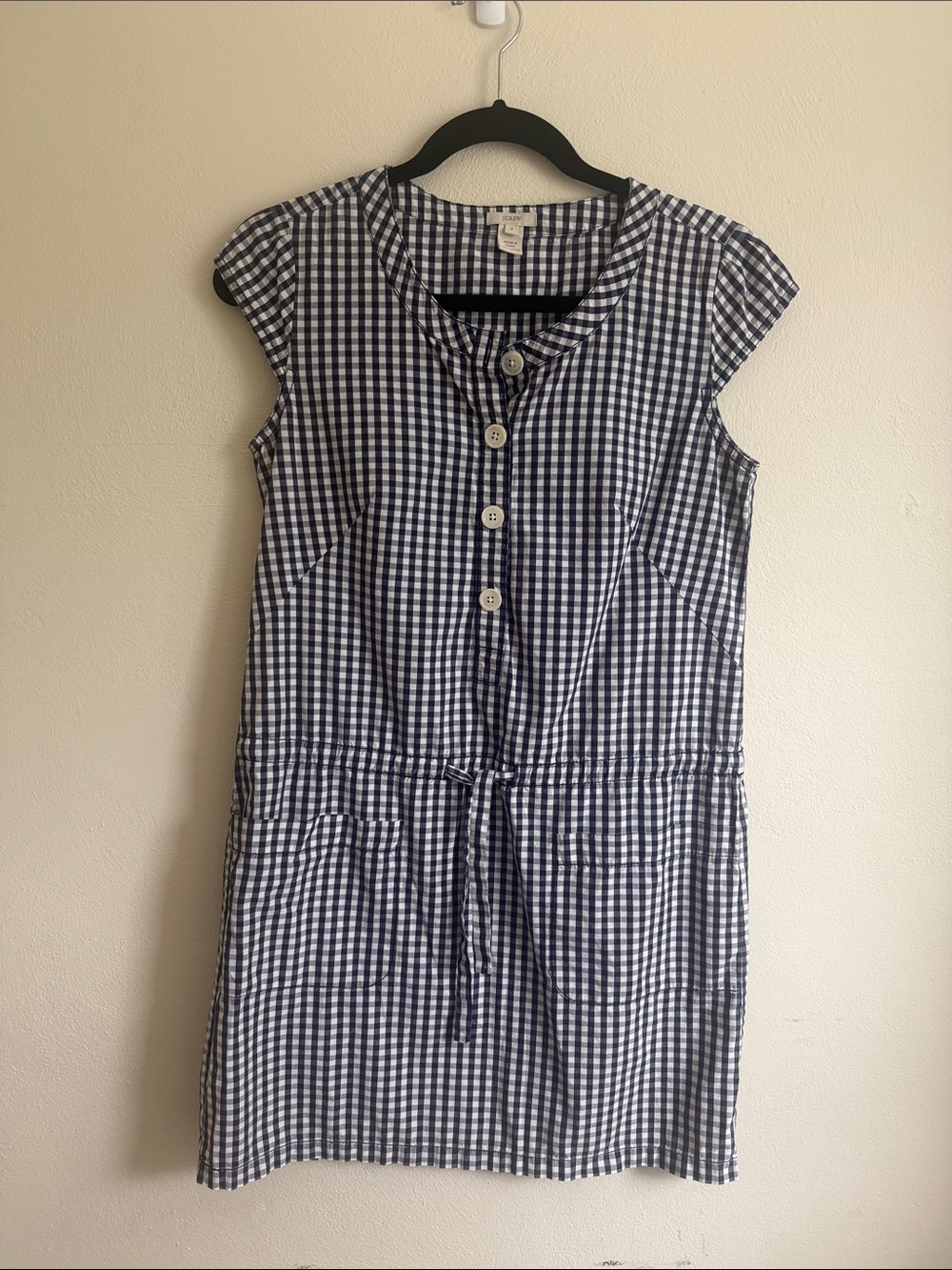 J. Crew Navy and White Gingham Drawstring Dress